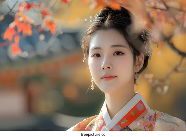 Portrait of a young woman in traditional Korean dress, or Hanbok