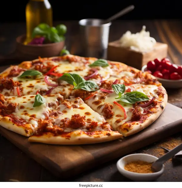 A delicious pizza with melted cheese, red onions, and basil leaves