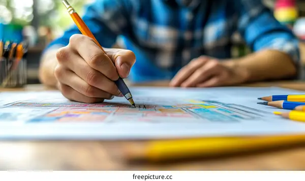 Person Coloring a Page with Colored Pencils