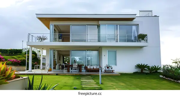 Modern White House with Large Windows and Green Lawn