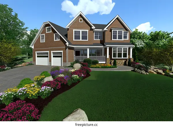 Modern House with Flower Beds and Driveway