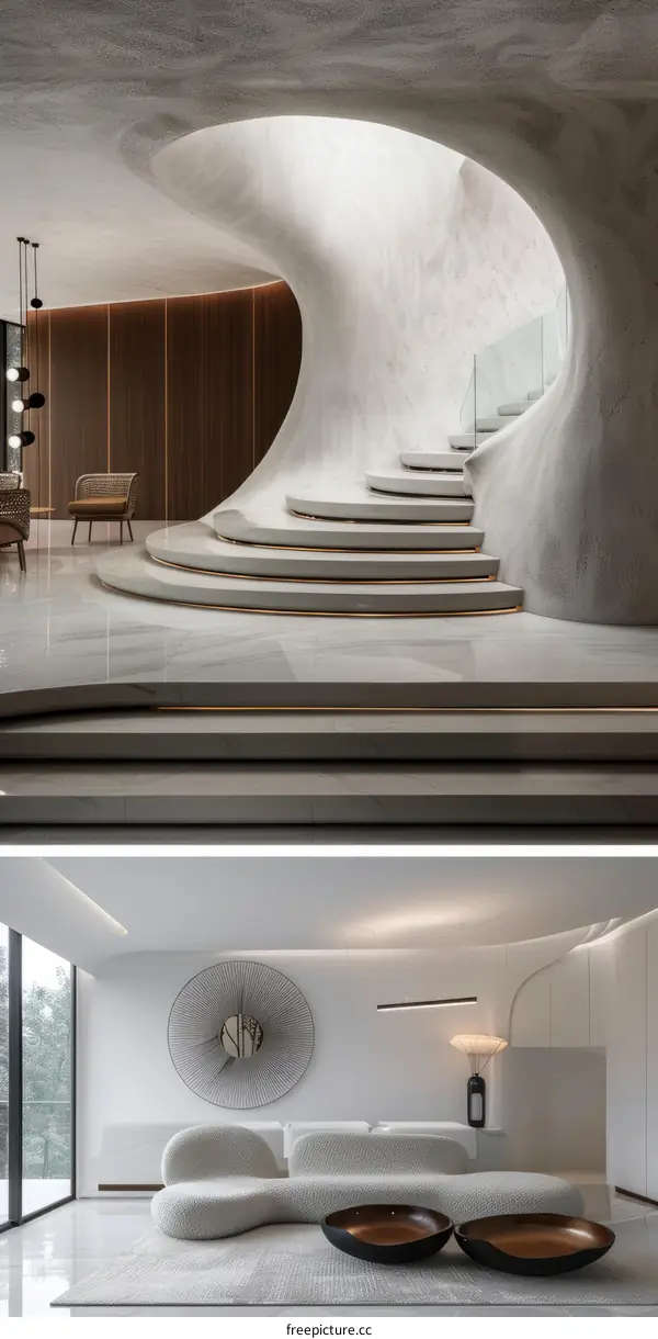 Modern Minimalist Interior Design with Curved Staircase