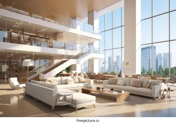 Office interior with modern furniture and large windows