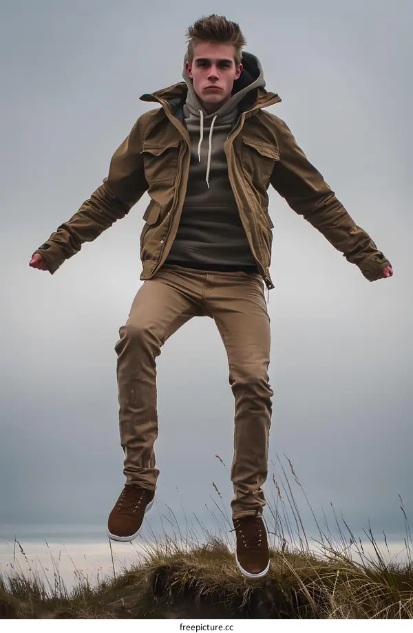 Young Man Jumping in the Air in Front of Cloudy Sky