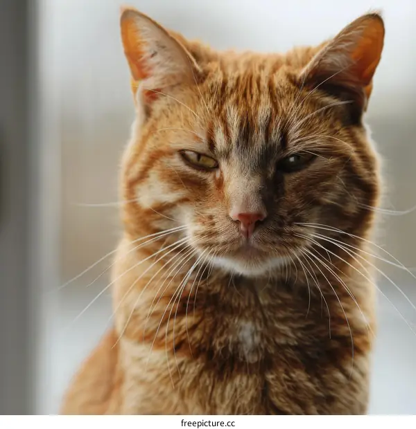 A ginger cat is sitting on a windowsill and looking at the camera.