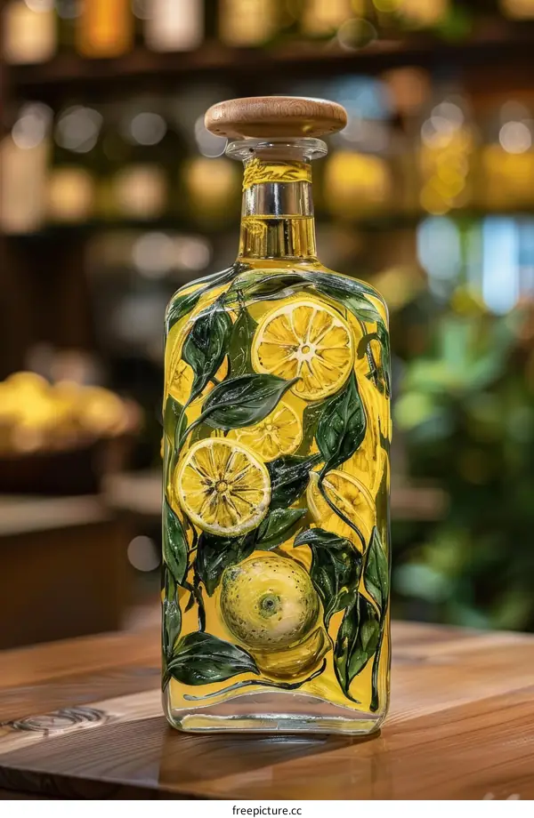 An artistic glass bottle painted with lemons and leaves
