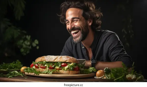 Laughing man with a big sandwich