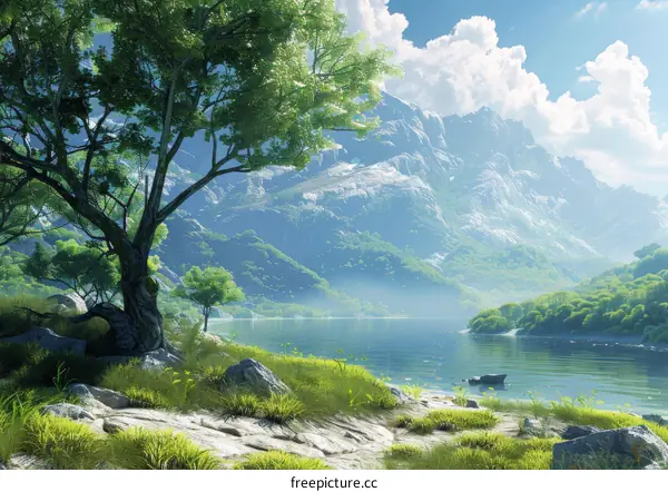 Fantasy Landscape with Majestic Mountains and a Serene Lake