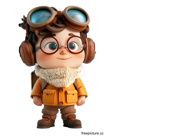 [Transparent Background PNG]A cute 3D cartoon boy wearing a brown jacket and aviator goggles