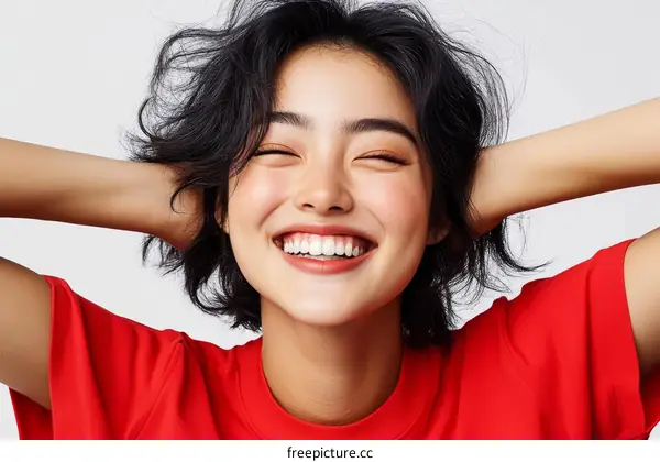 Smiling Asian Woman in Red T-shirt