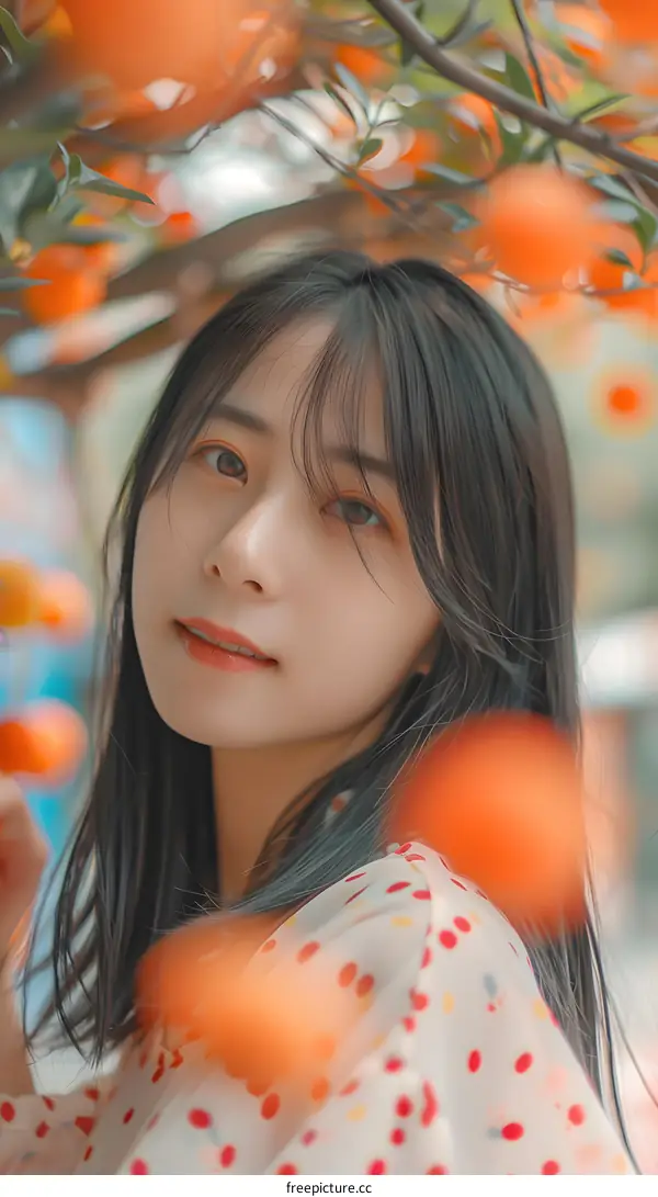 Asian Woman in Polka Dot Dress Smiling in Front of Orange Flowers