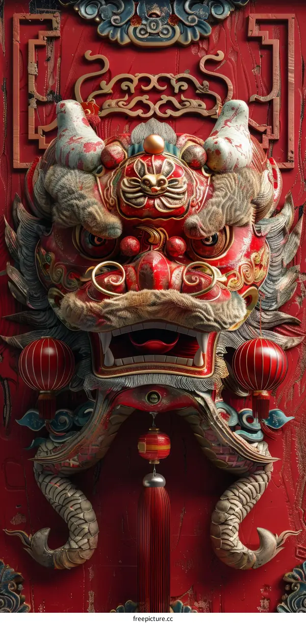 Ornate Chinese Dragon Face Illustration