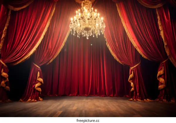 Red theater curtains and a chandelier on a stage