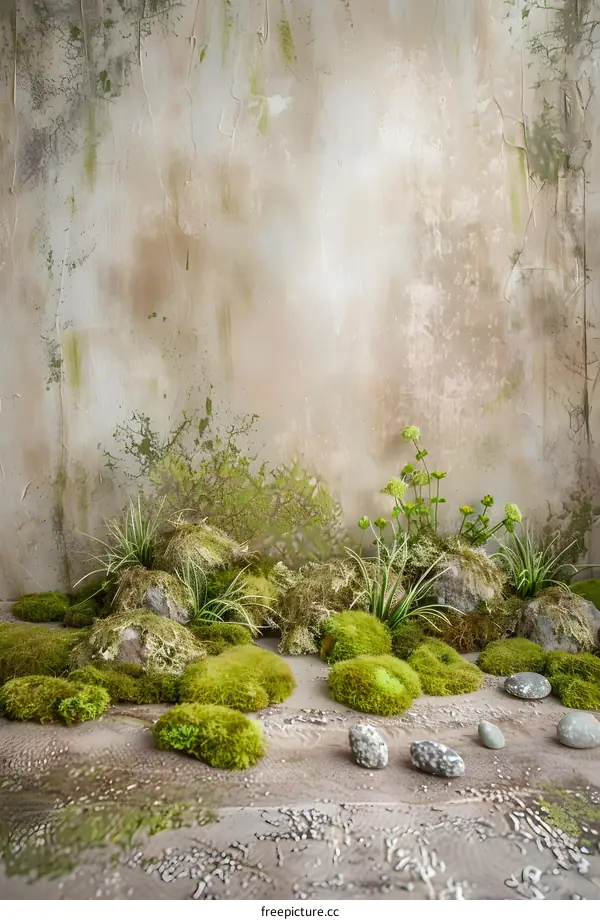 Green Moss and Rocks in Front of a Grey Wall