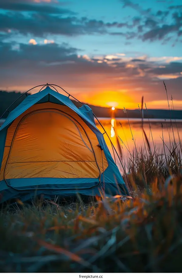 Camping tent by the lake at sunset