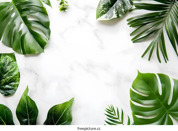 Tropical Leaves on White Marble Background