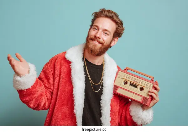 Hipster Santa with Vintage Cassette Player