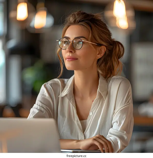 portrait of a young woman wearing glasses and looking away