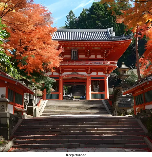 Traditional Red Japanese Temple Gate with Stone Steps and Autumn Leaves
