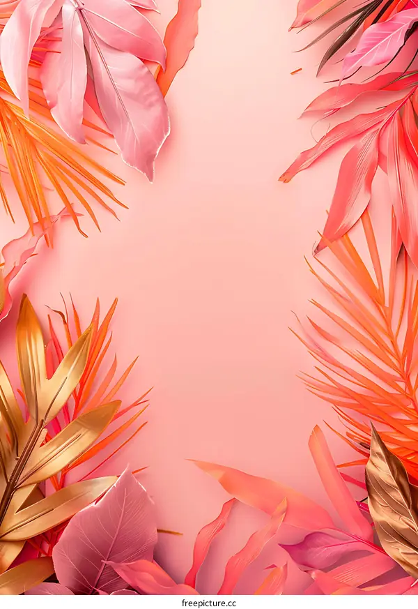 Tropical Leaves Frame Background With Pink Orange Gold Colors