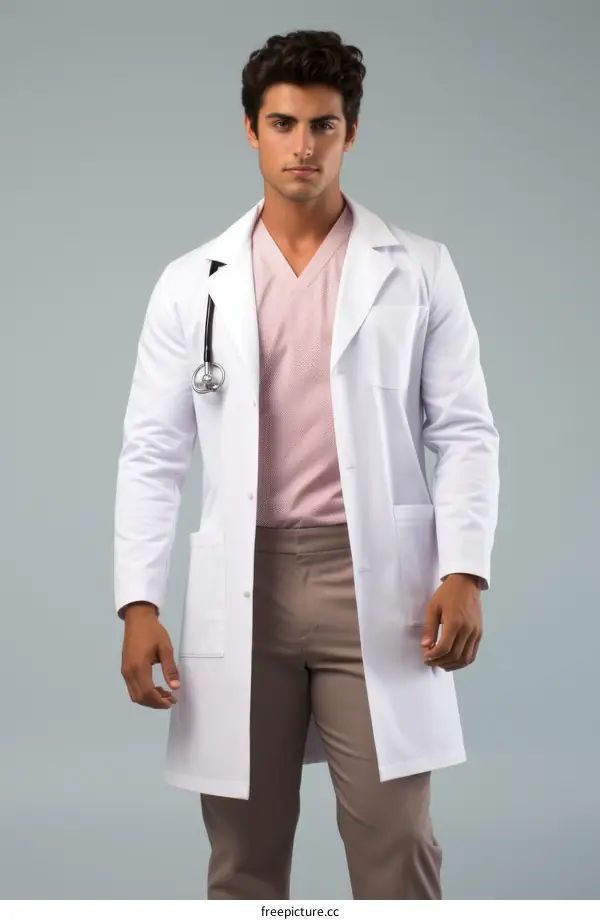 A doctor in a white coat and pink shirt