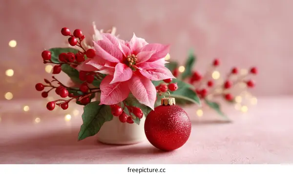 Pink Poinsettia Arrangement with Christmas Ornament