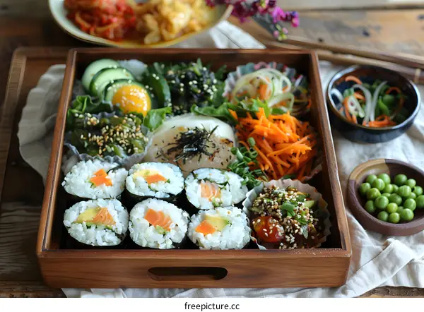 A delicious and healthy bento box with a variety of colorful vegetables, and sushi.