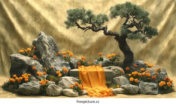 A Stunning Arrangement of Rocks and Plants with Bonsai Tree