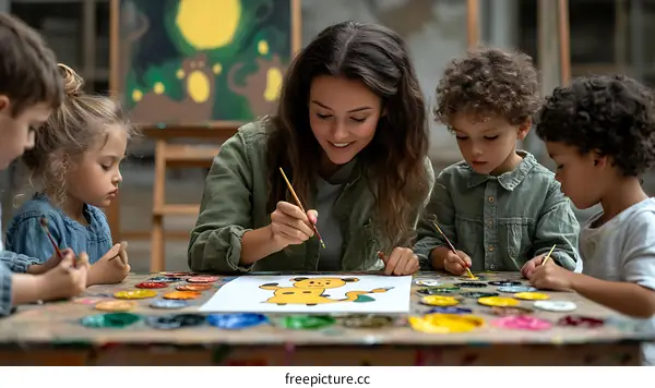 Children Painting with Teacher in Art Class