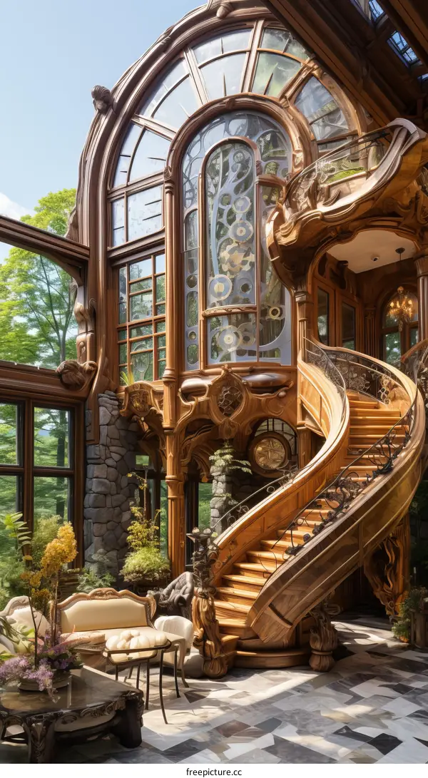 Wooden Staircase and Glass Windows