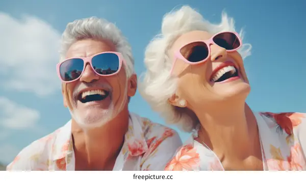 Happy retired couple laughing together in the sun
