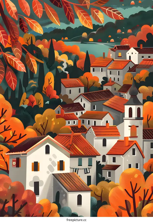 Autumn Village Landscape Illustration