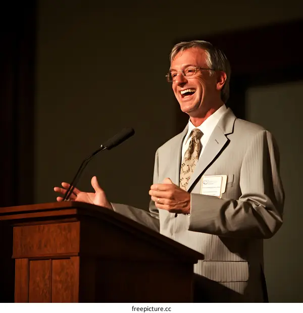 Man in Suit Giving a Speech at a Podium