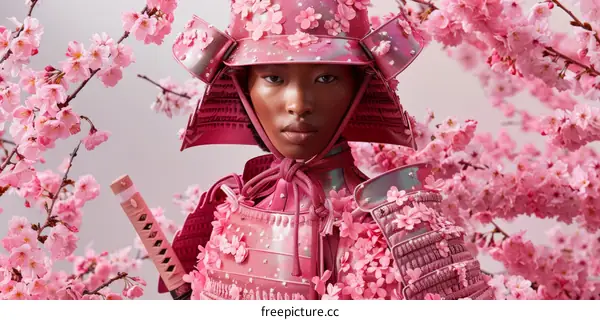 Black Samurai Warrior in a Field of Cherry Blossoms
