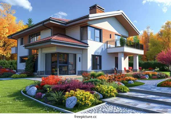 A Vibrant House Nestled amidst a Flower-Filled Garden