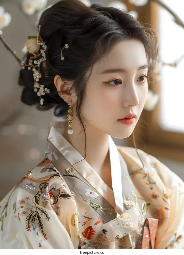 Portrait of a young woman in traditional Korean dress, or Hanbok