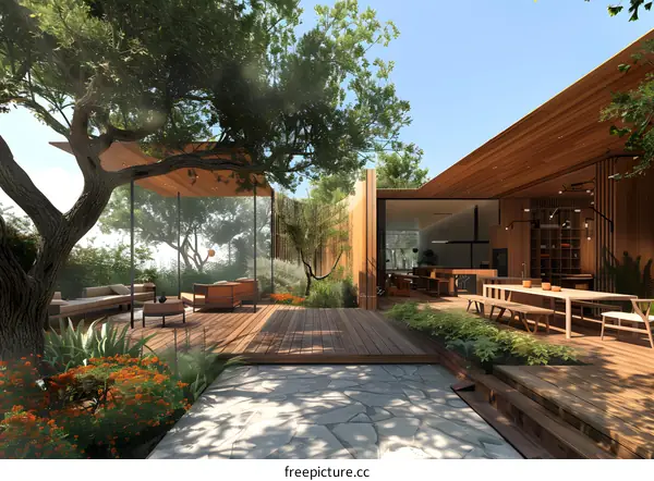 Modern wooden house with terrace and garden