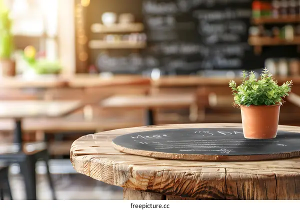 Empty Wooden Table with Green Plant in a Pot