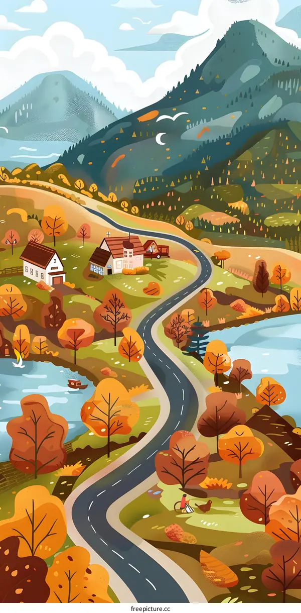 Autumn Landscape With Winding Road and Houses