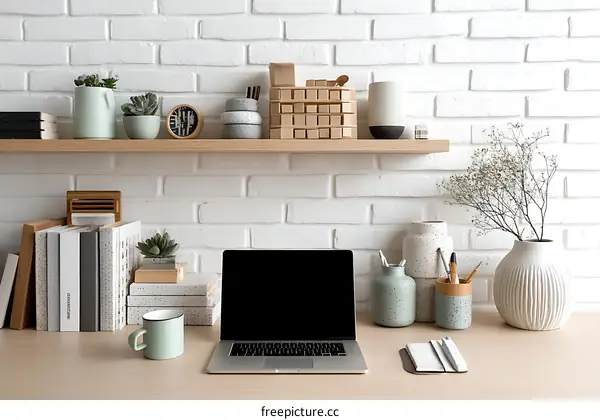 Modern Home Office Workspace with White Brick Wall