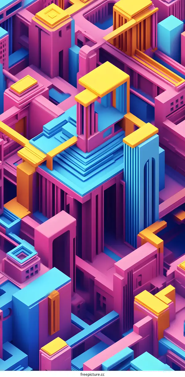Abstract Geometric Cityscape With Pink, Blue, and Yellow Colors