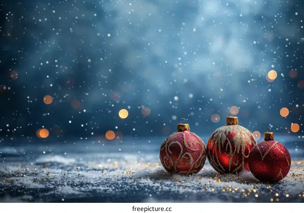 Three red Christmas balls on snow