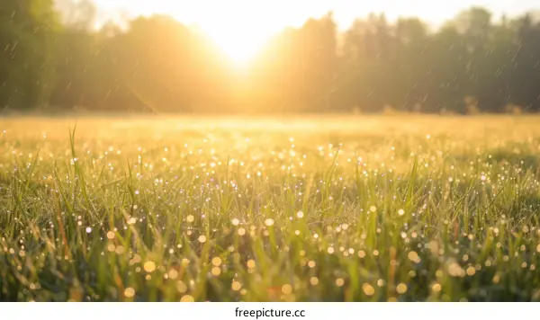 Early morning meadow with dew on the grass illuminated by the sun