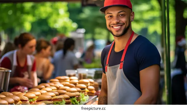 Portrait of a happy young African-American man wearing a red cap and apron while standing at a food stall in a park, surrounded by burgers and customers in the background