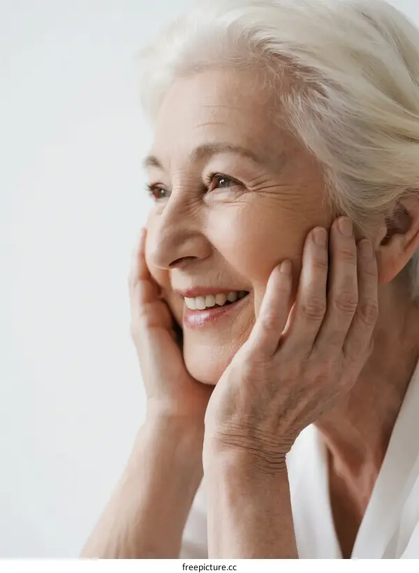 Elderly woman with white hair touching her face and smiling
