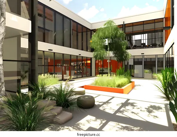 Modern Courtyard with Green Plants and Glass Windows