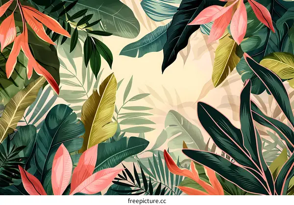 Tropical Leaves Background Illustration with Yellow and Pink Flowers