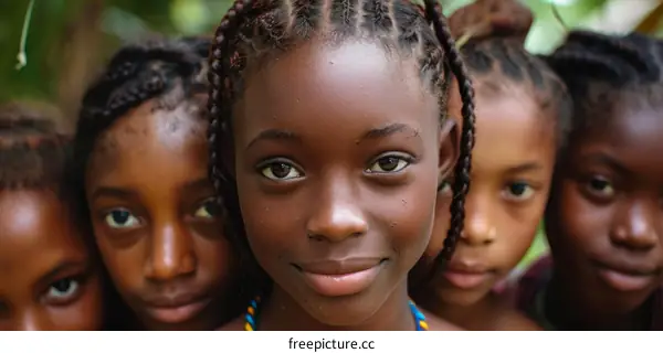 Portrait of a young African girl with three friends in the background