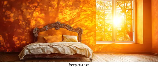 Sunlight Shining Through Window in Bedroom with Bed
