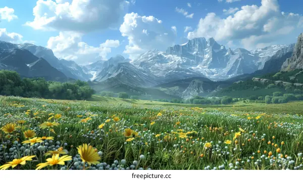 Mountain Meadow Landscape with Wildflowers and Blue Sky